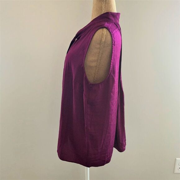 Banana Republic Women Top Petite Size PL Purple Tie Collar Sleeveless Office - Picture 4 of 8